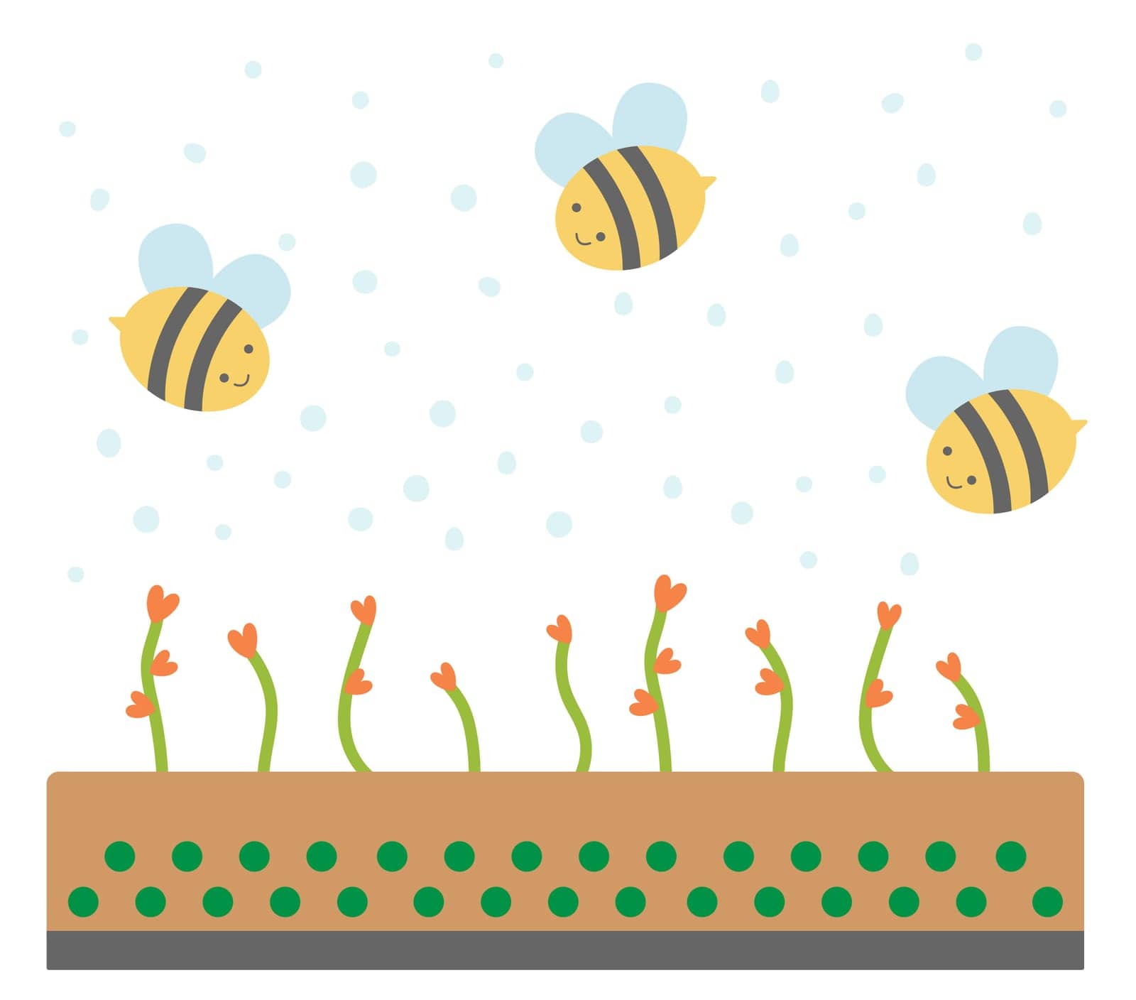Bees flying over plants. Bees pollinate plants. Vector Stock Image