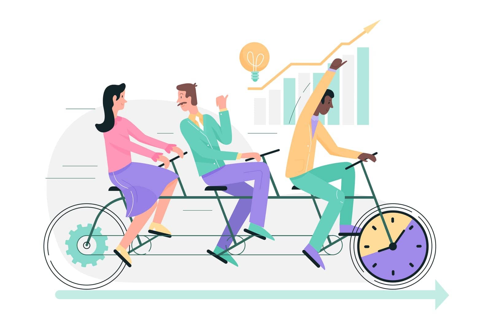 Collective teamwork, business people ride tandem bike together, speed