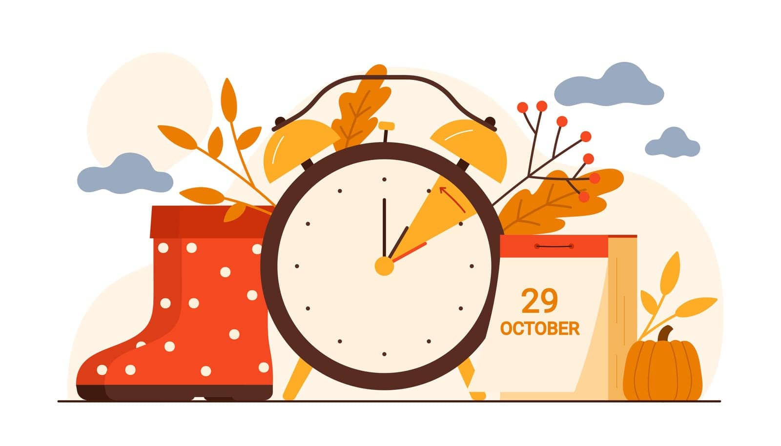 Fall back, daylight saving time ends, alarm clock, calendar with date