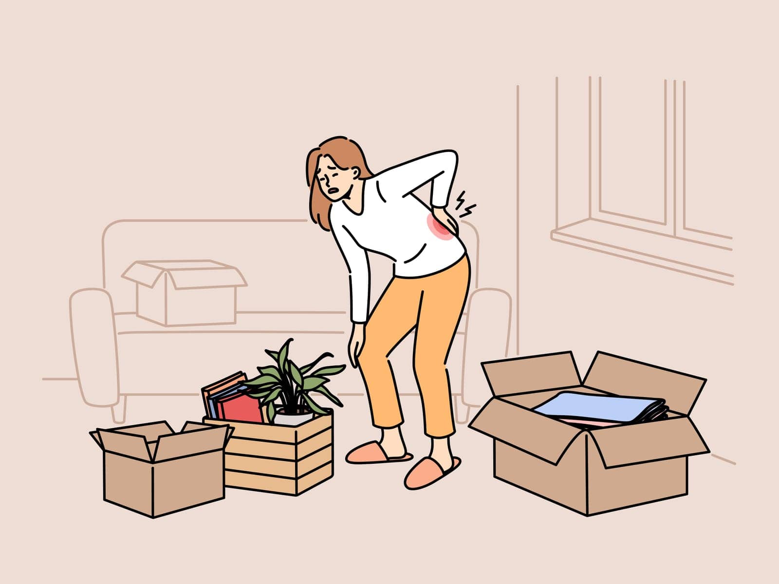 Sick woman moving to new apartment and suffers from back pain, stands