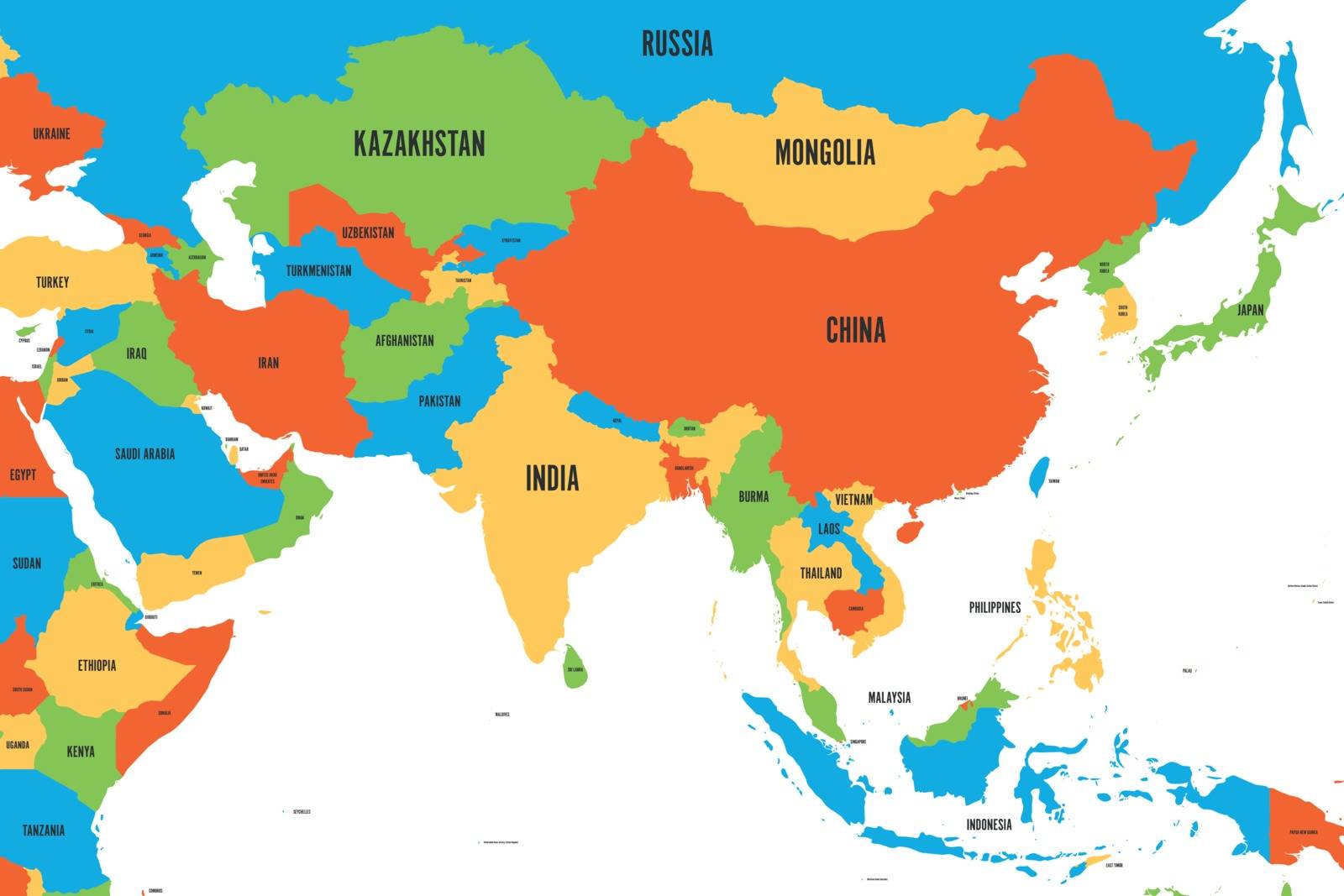 Colorful political map of western, southern and eastern Asia. Simple