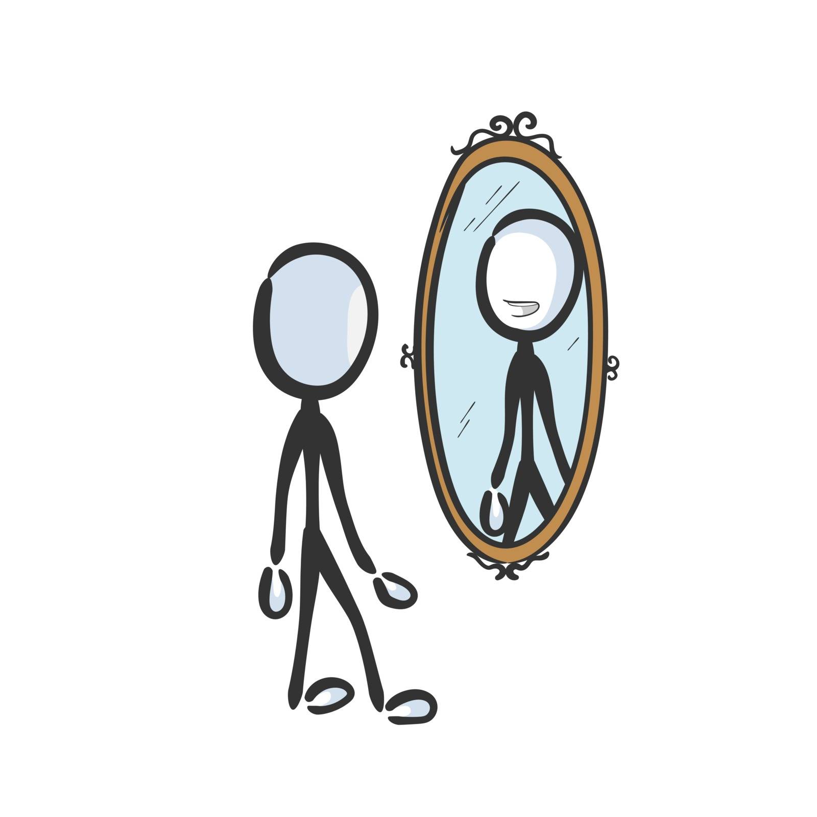 Happy smiling man looking in mirror. Vector simple self esteem