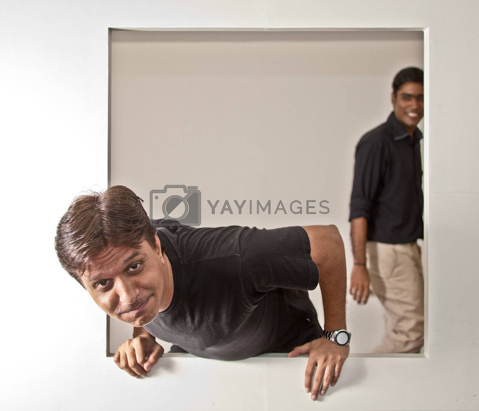 Asian man lean out of window, cheerful man by arfabita Vectors