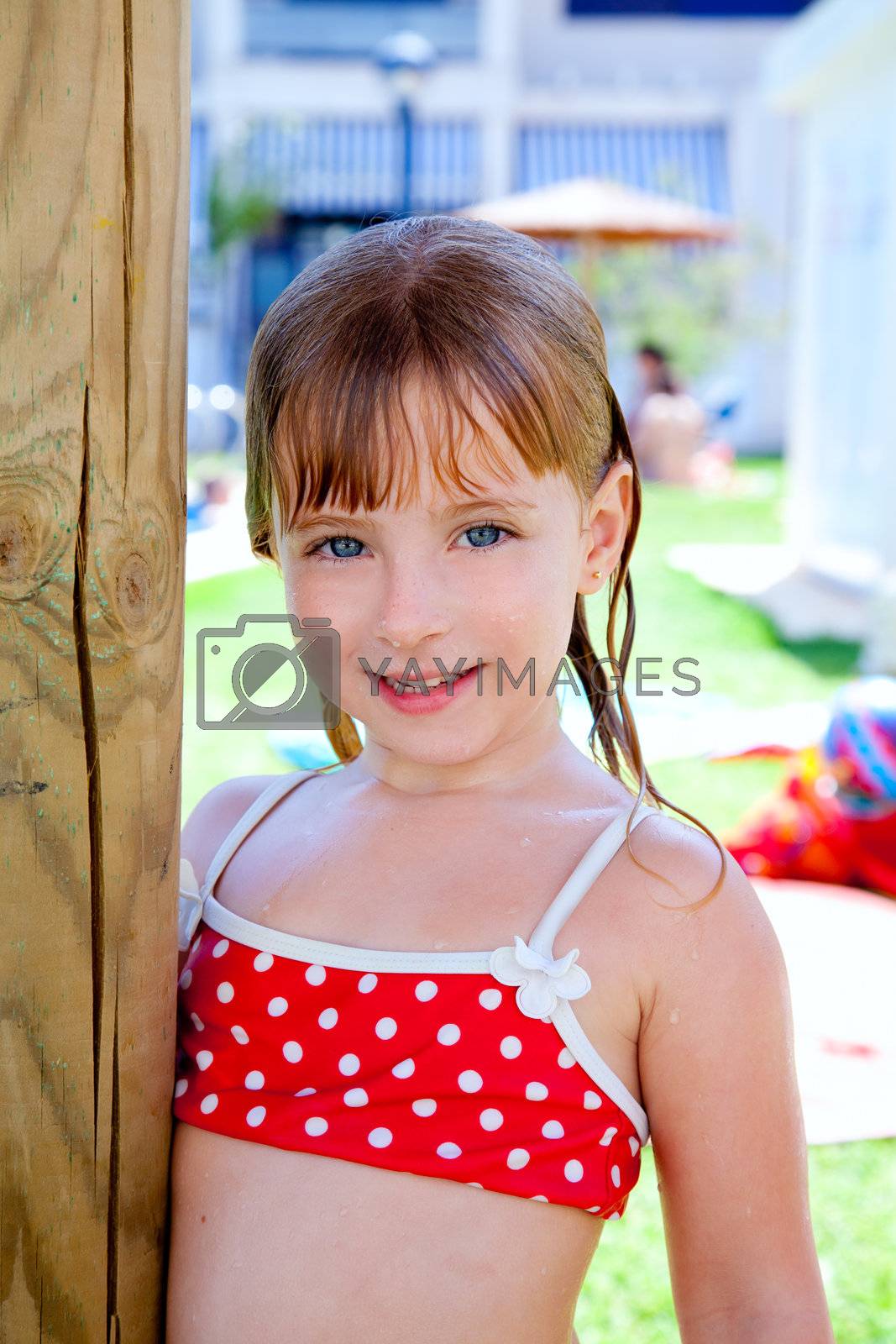 bikini kid girl water wet in pool garden by lunamarina Vectors