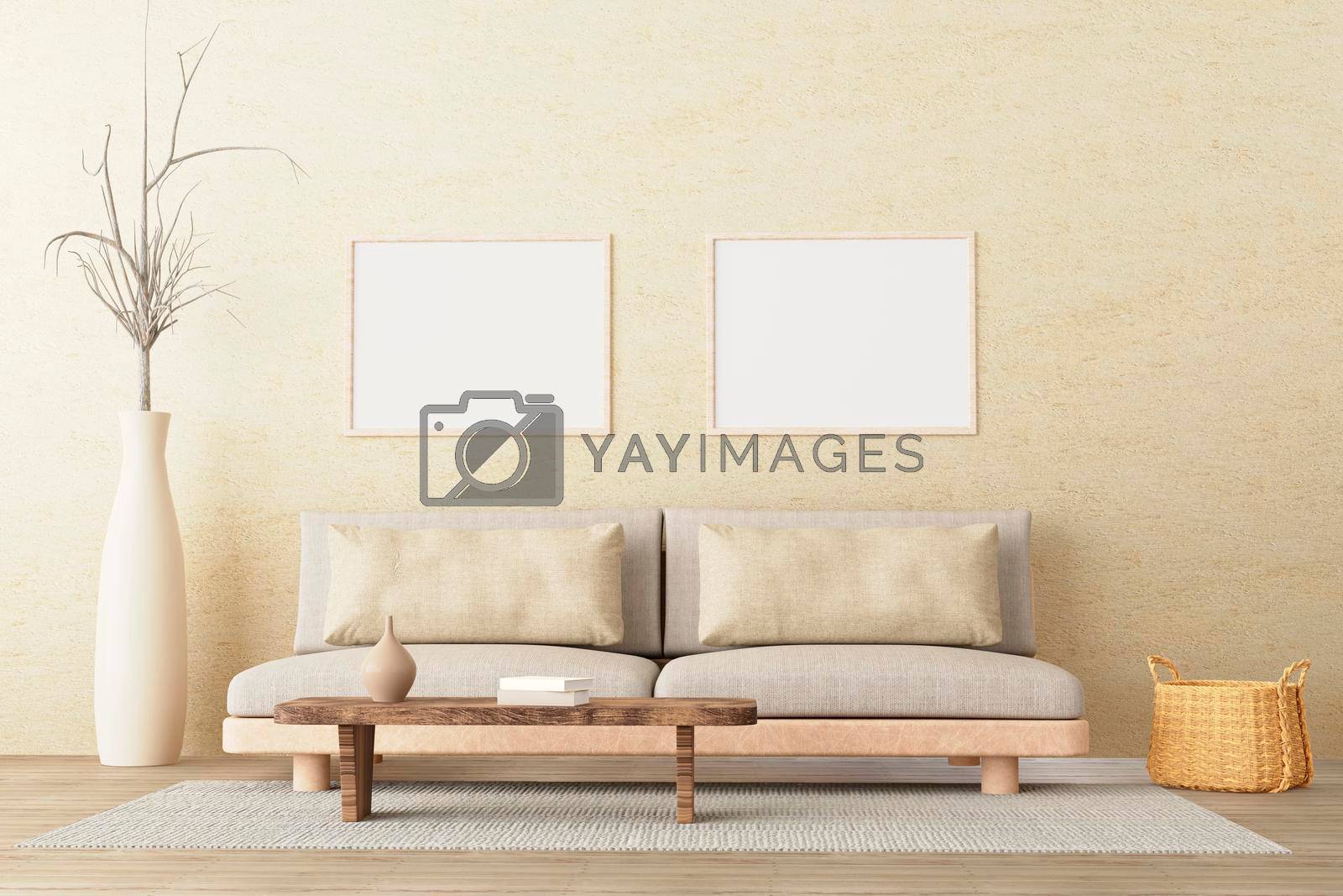 Two horizontal posters mockup in neutral style interior living room