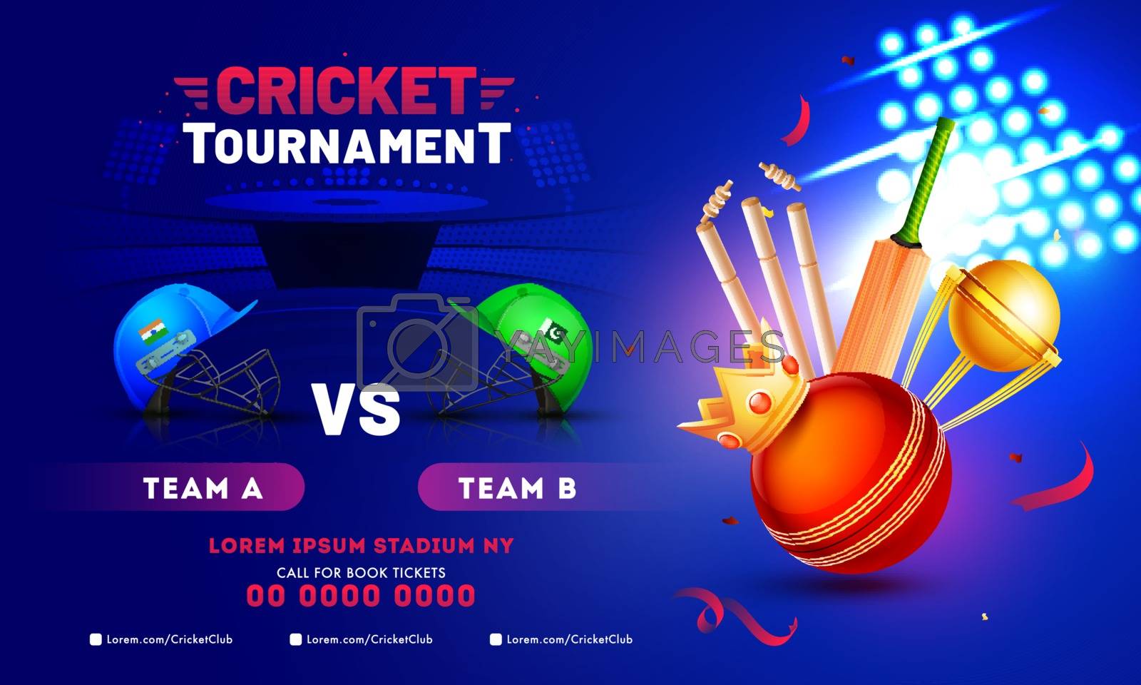 Cricket Tournament banner design with cricket equipment, winner by