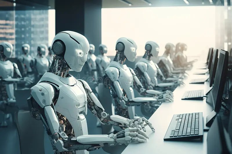 AI Robots Using Multiple Computers Working Monitoring Data in Office
