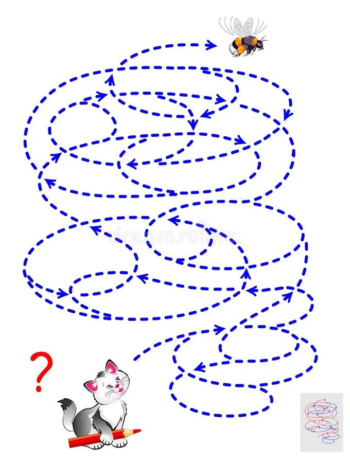 Logic Puzzle Game With Labyrinth. Help The Kitten Catch The Bee. Find