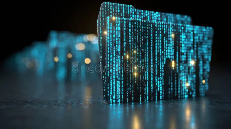 Binary Code Flows From Data Folder Icon In A Visual Representation Of A