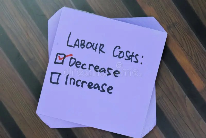 Concept of Labour Costs. Decrease or Increase Write on Sticky Notes Isolated on Wooden Table