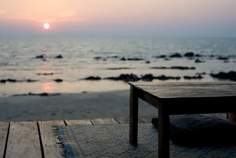 Empty Table Rustic Beach Bar at Sunset Stock Image Image of calm, shore 13250391