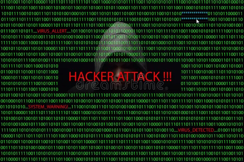 Hacker Over a Screen with Binary Code and Warning Messages Stock