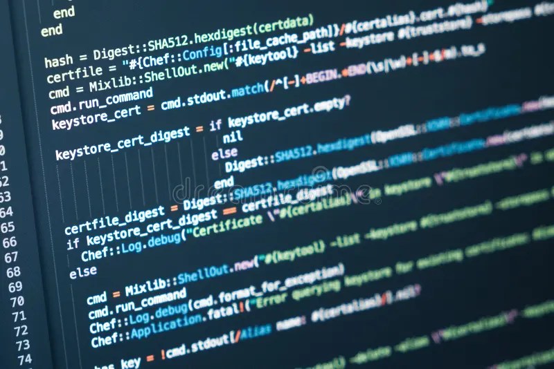 Information Technology Concept. Coding Script Text on Screen Stock