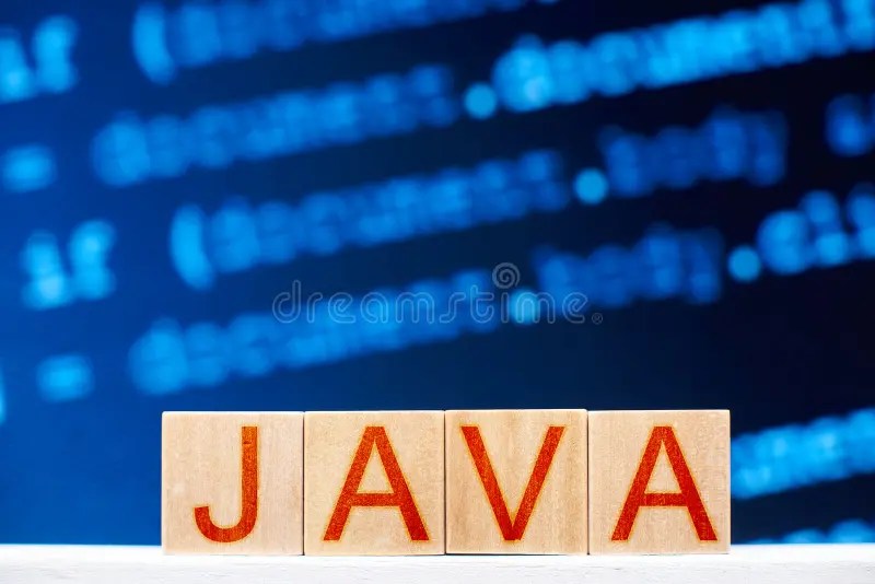 Java Concept. Wooden Blocks with Java Inscription and Program Code on