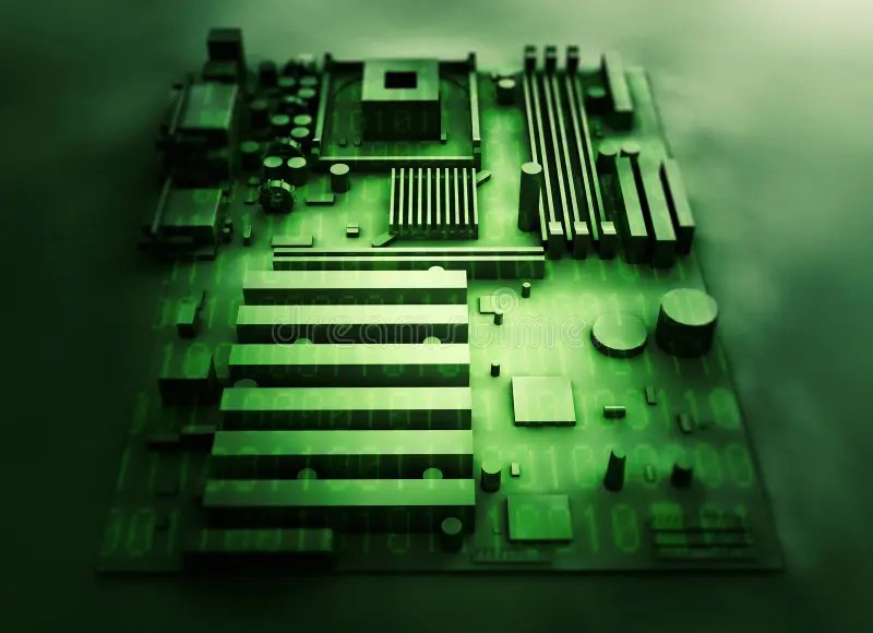 Motherboard on a Background of Green Binary Code. 3d Render Stock Image
