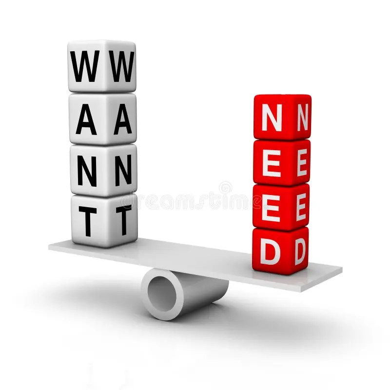 Needs and wants stock illustration. Image of comparison