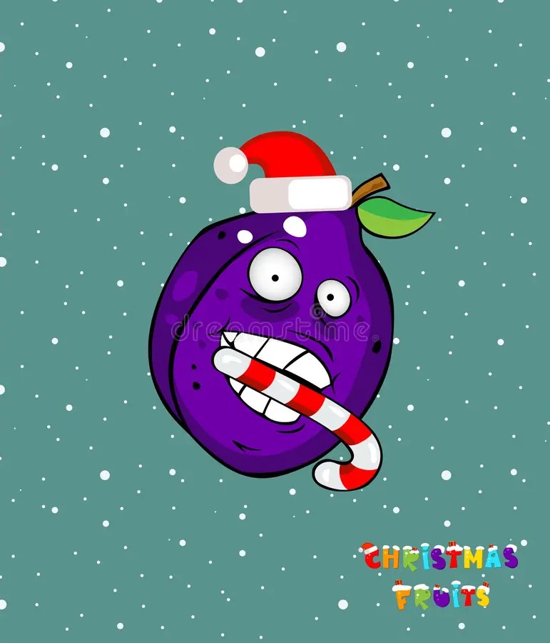 Christmas Fruits Plum in Santa Hat and Candy. Illustration Fanny Fruits