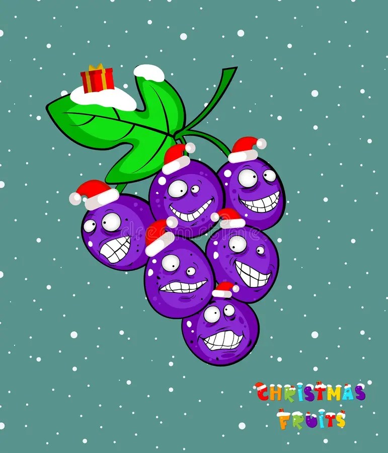 Christmas Fruits with Grape in Santa Hat. Illustration Fanny Fruits