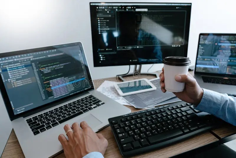 Programmer Typing Code on Desktop Computer, Developing Programming and Coding Technologies