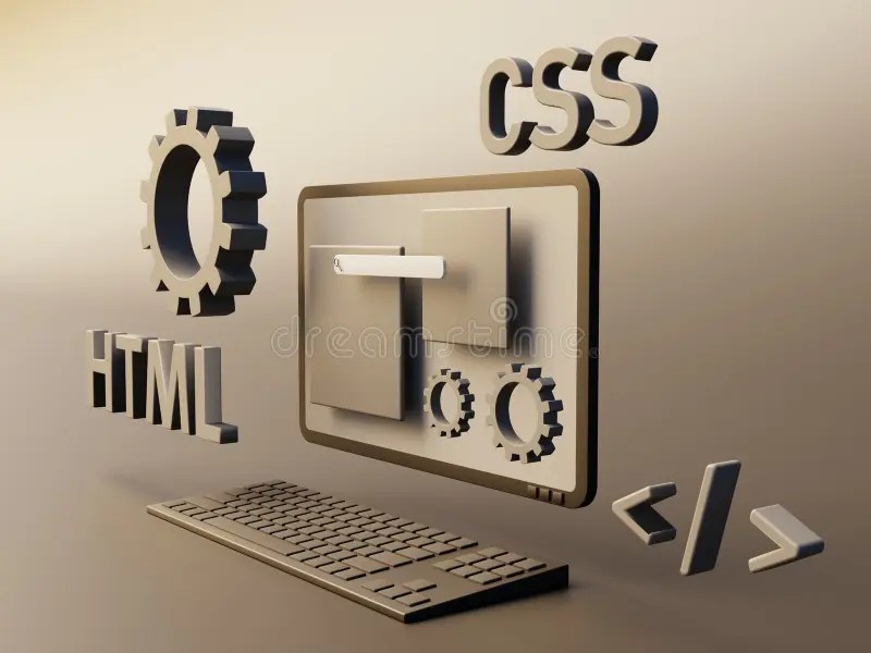 Programming sites with Html and Css Code on a Desktop Computer Stock Illustration