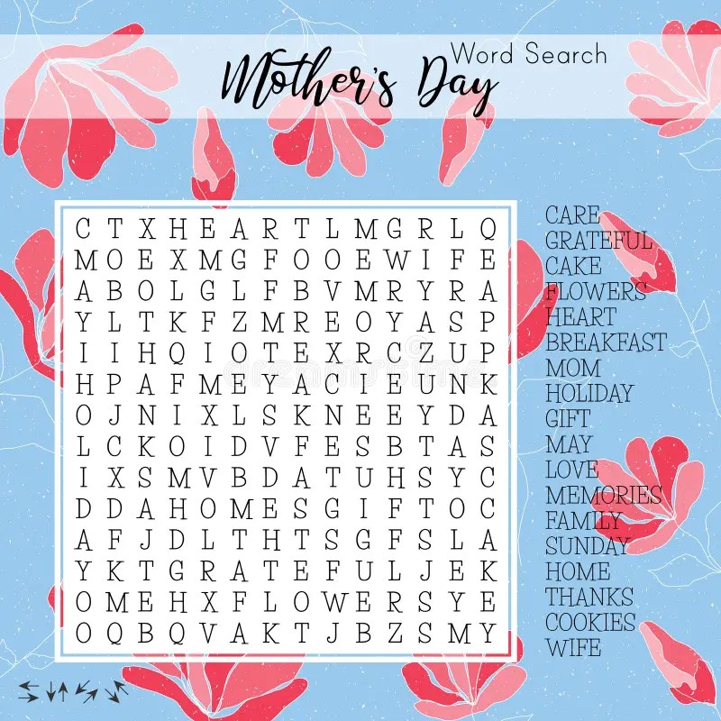Mother`s Day Word Search Puzzle. Educational Game for Kids. Spring