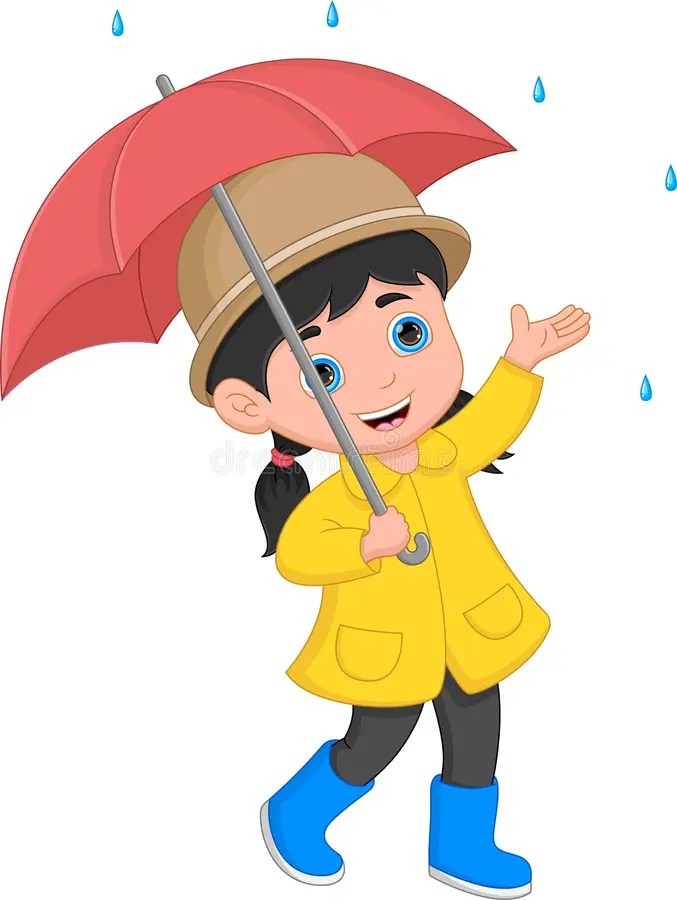 Cartoon Little Girl Holding an Umbrella in the Rain Stock Vector