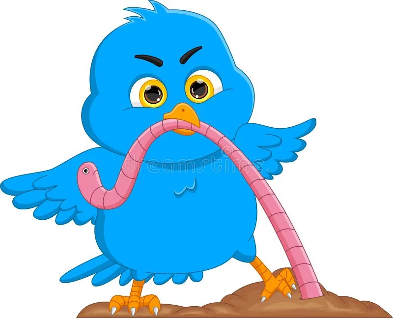 Cute Bird Bites the Worm and Pulls it from the Ground Stock Vector