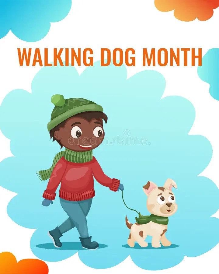 A Black Boy Walks with His Dog in the Winter. Cute Flat Illustration