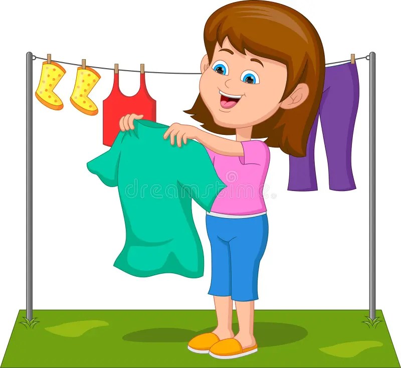 Cute Girl Drying Clothes Cartoon Stock Vector Illustration of mother