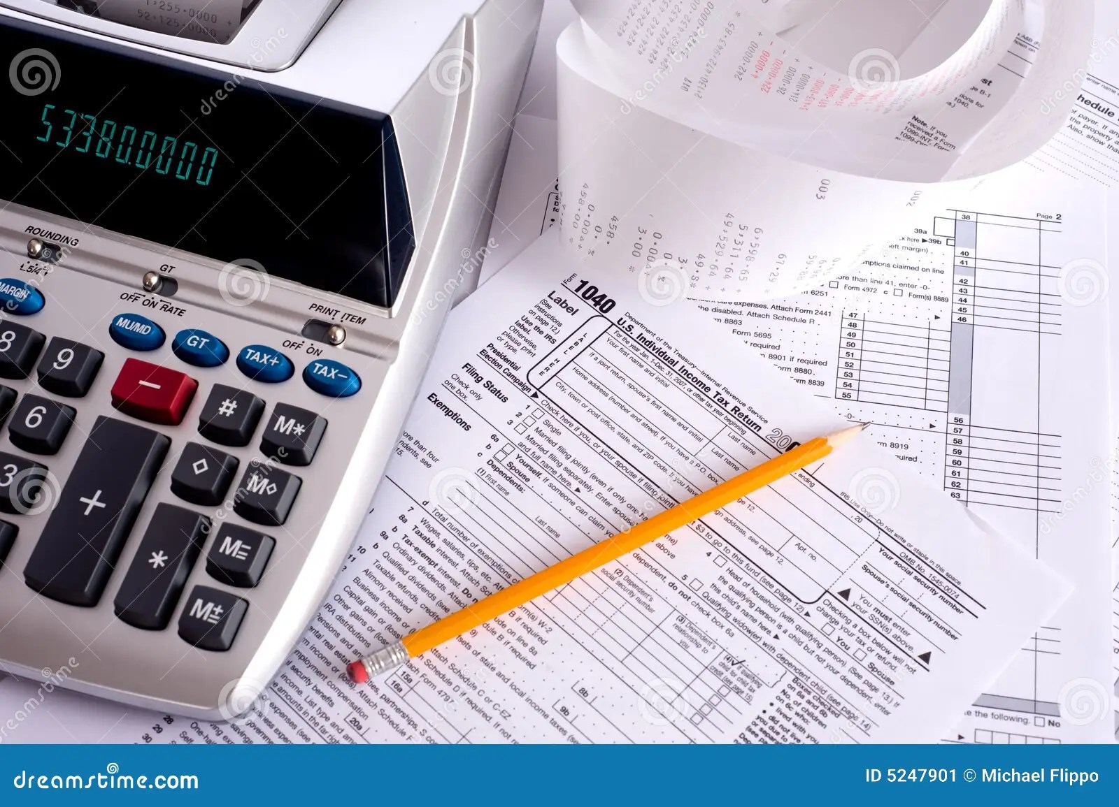 Adding Machine with Tax Forms Stock Image Image of figures