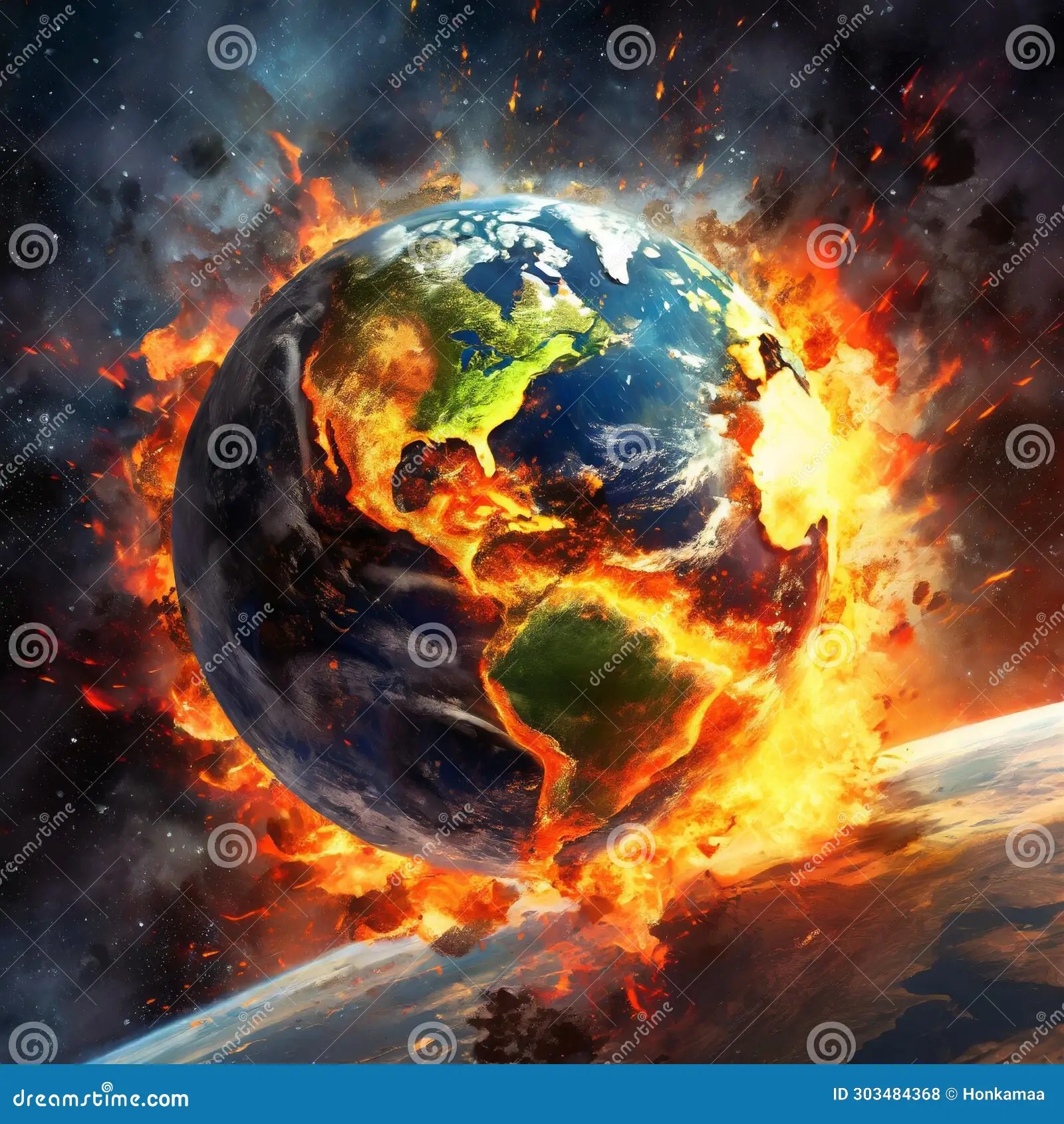 Earth exploding in flames stock illustration. Illustration of fantastic