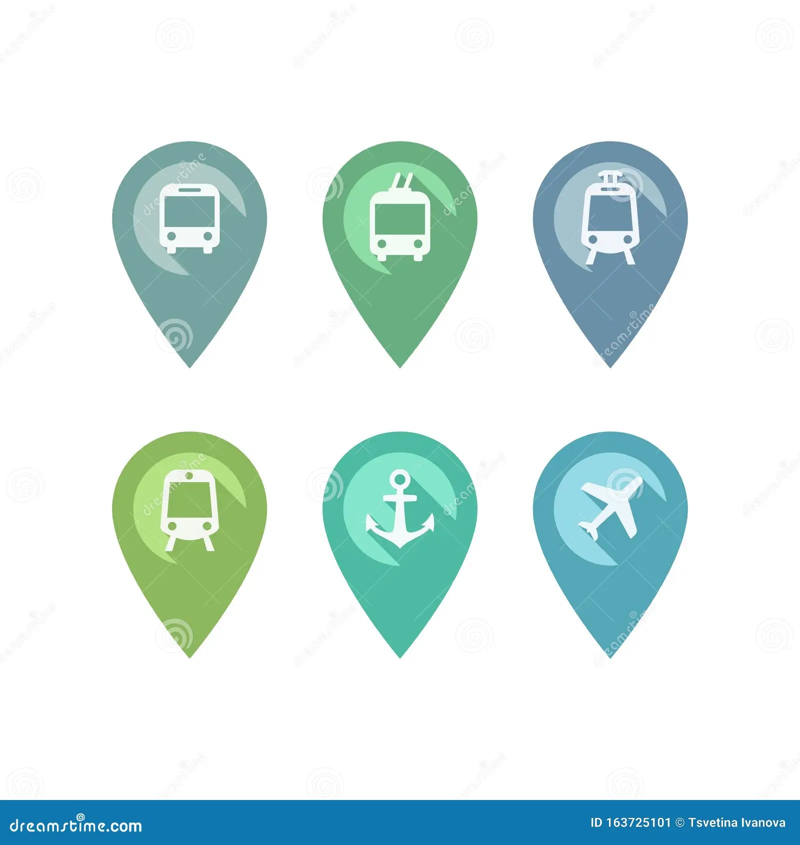 Airport Icon Subway Map Location Pin Marker with Bus, Train, Subway and Airport Vector Icon Set
