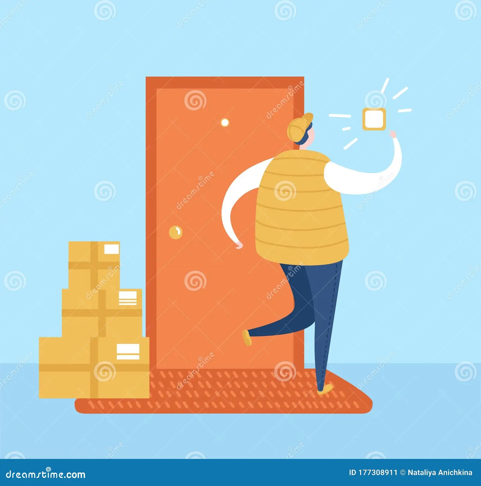 Vector Illustration No Contact Delivery. Deliver Man Leaves The Boxes Near The Apartment