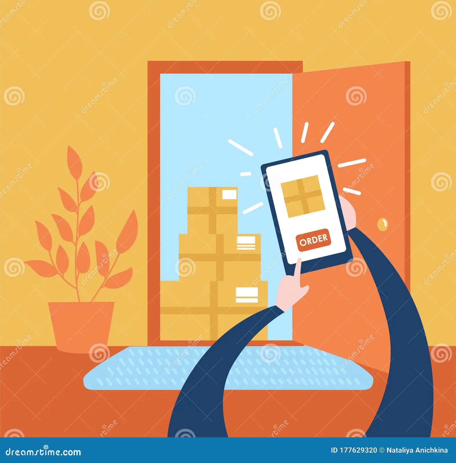 Vector Illustration Order No Contact Delivery. Person Makes Purchase Online And Receives The