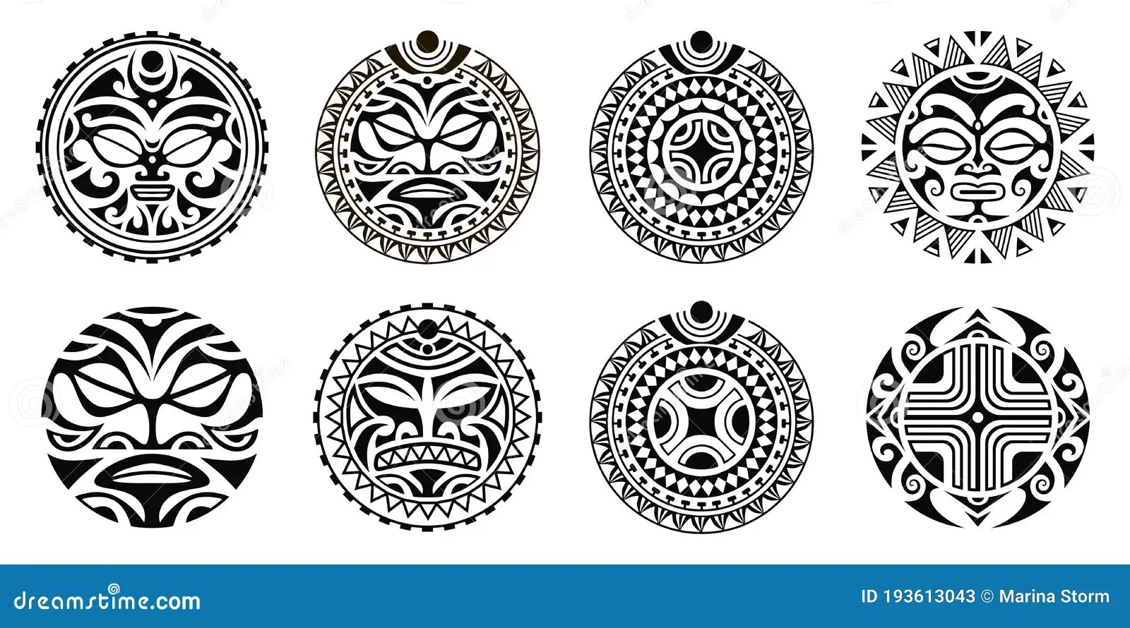 Set Of Round Maori Tattoo Ornament With Sun Symbols Face And Swastika. Stock Vector - Illustration Of Swastika, Polynesian: 193613043 890_x_1600_jpg