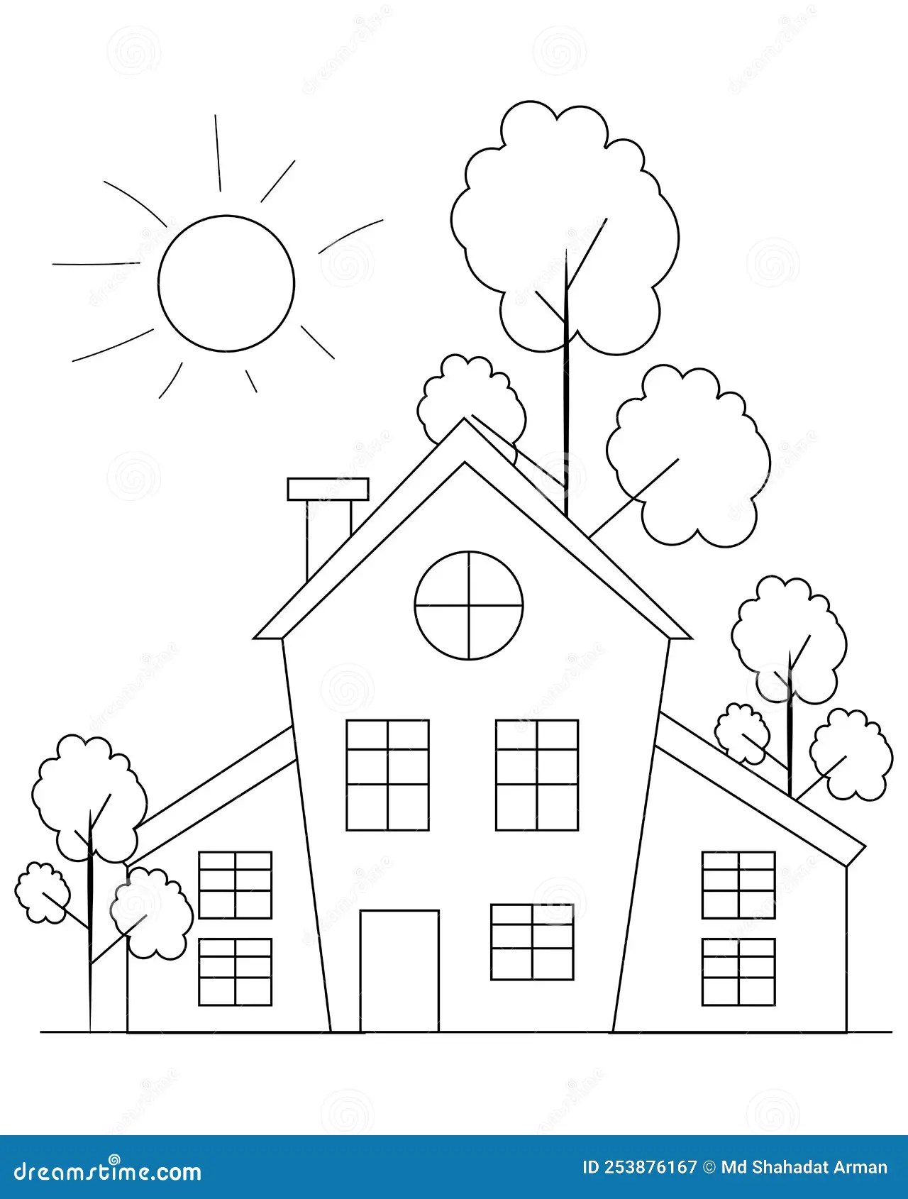Kids Coloring Page. Modern House Coloring Book Page Design,Easy House