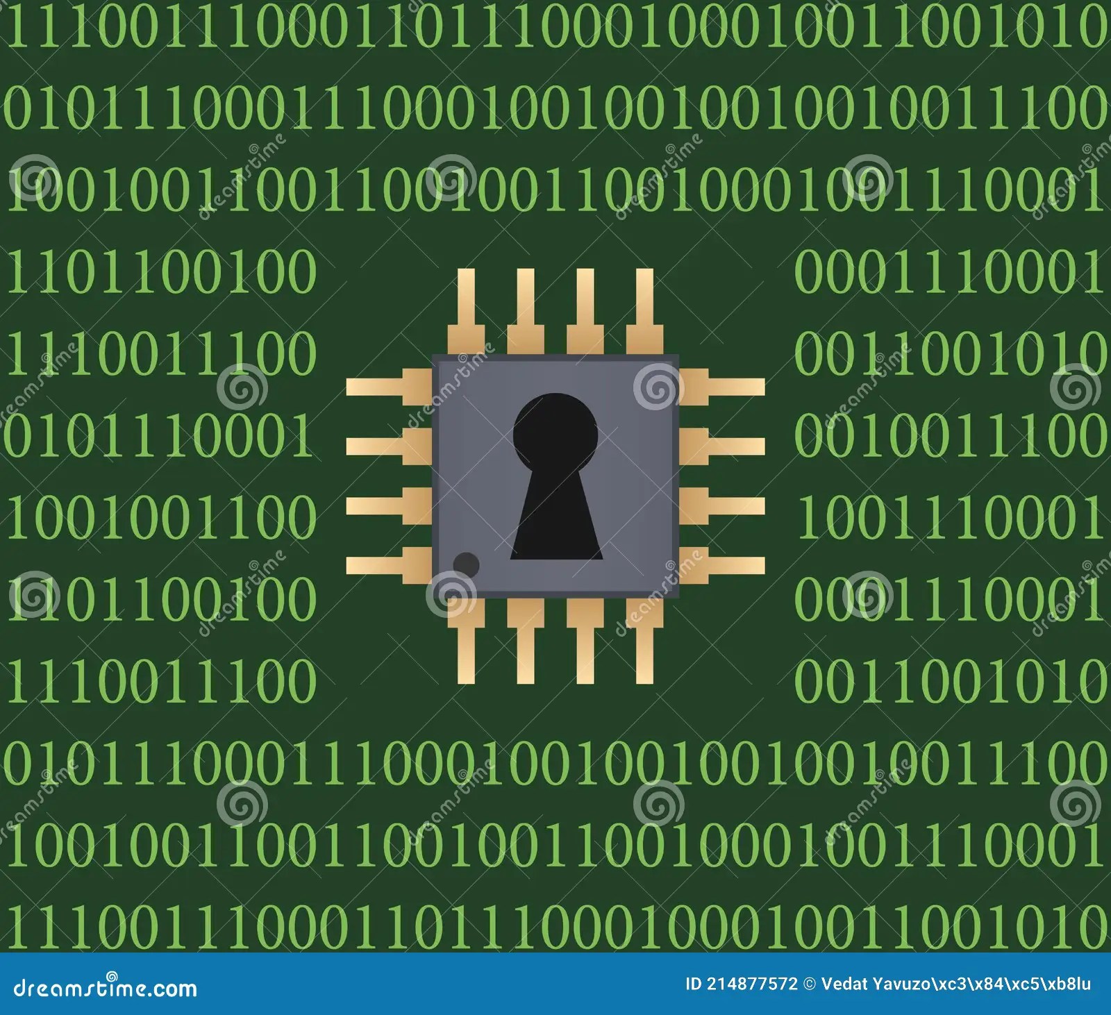 Binary Digit Data Encryption Vector Illustration with a Microprocessor
