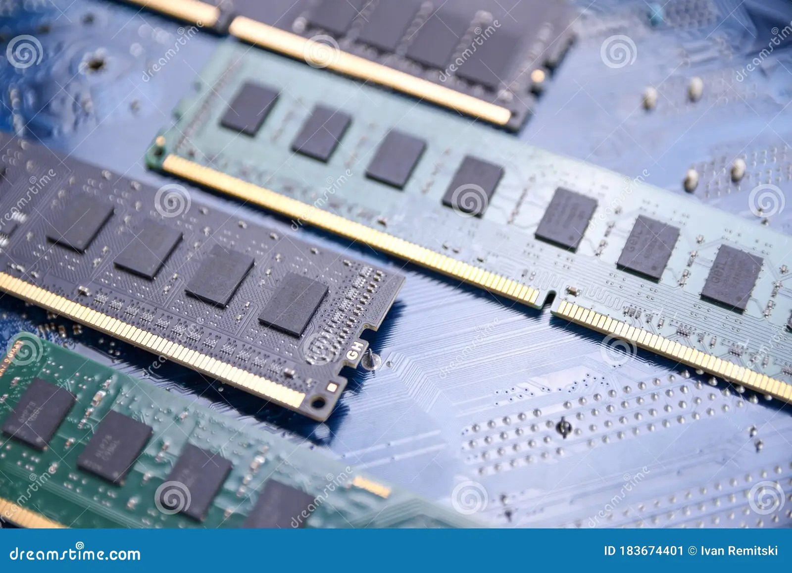 Computer Memory RAM on Motherboard Background . Close Up. System, Main