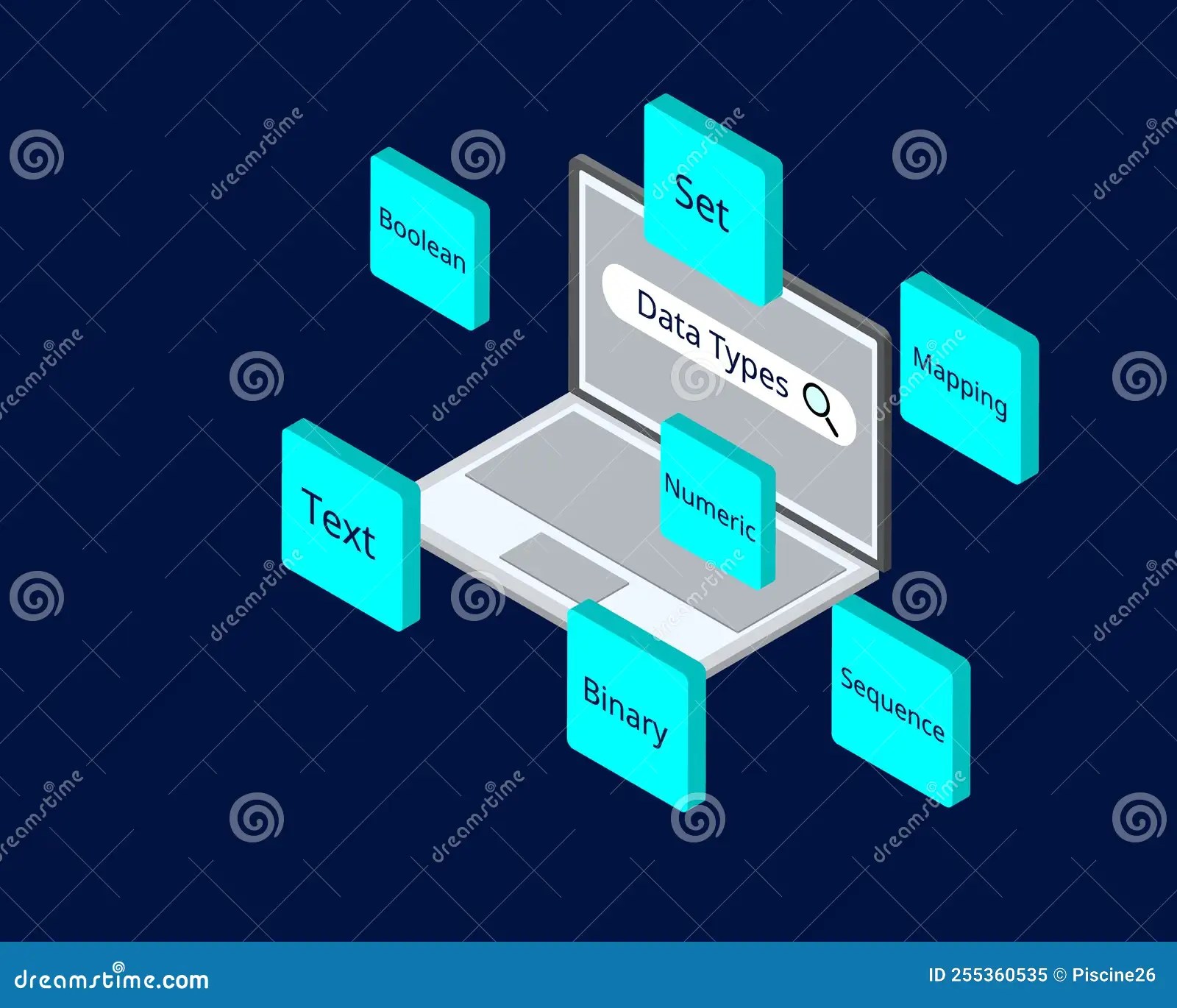 Data Types in Python Programming from Laptop Stock Vector