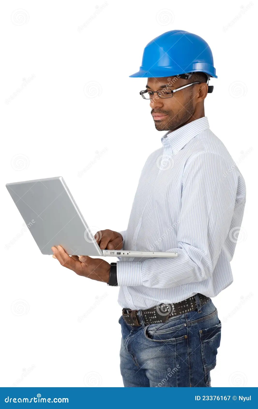 Engineer in Hardhat with Computer Stock Image Image of afro, design