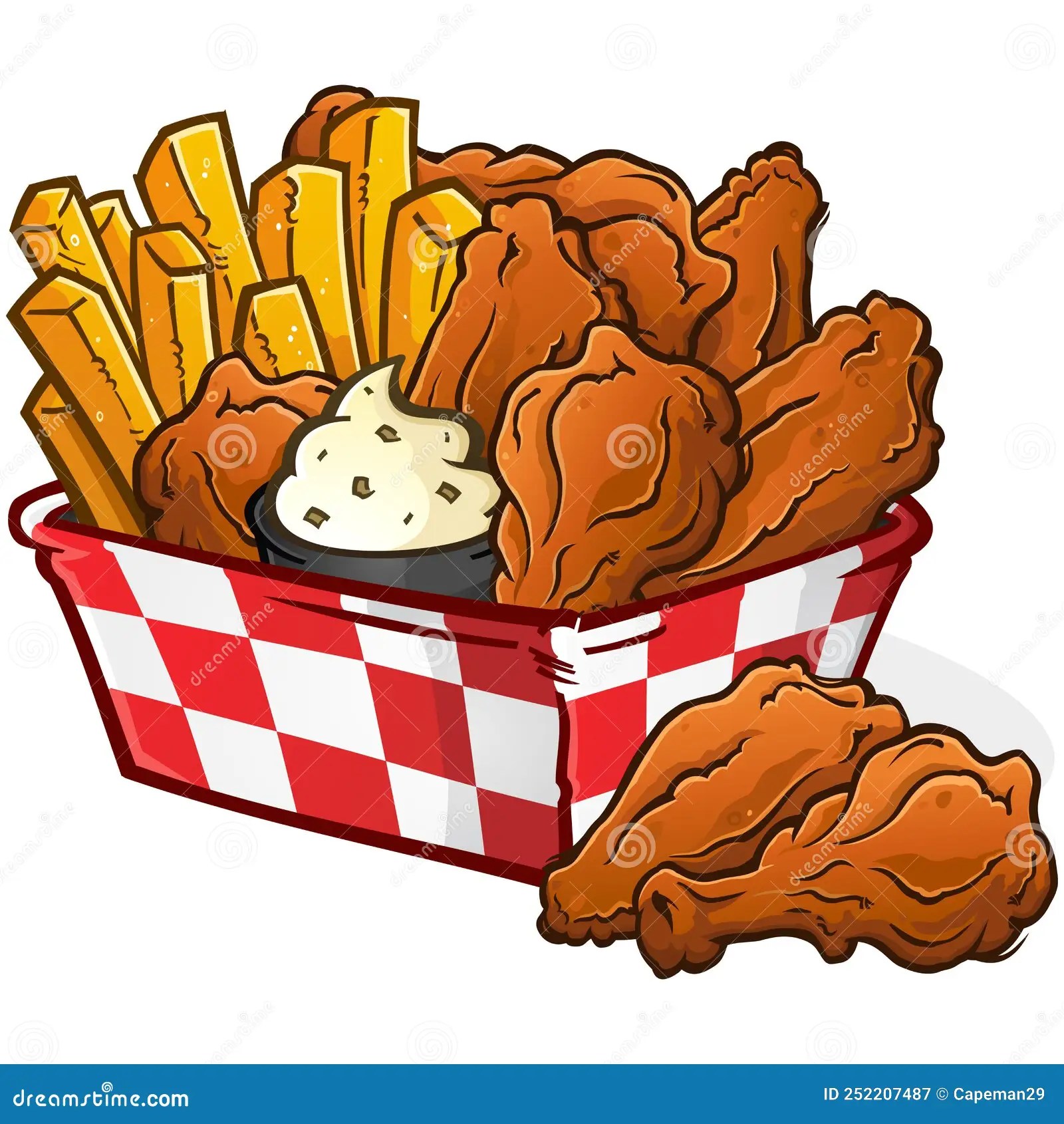 Chicken Wing Basket with French Fries Cartoon Illustration Stock Vector