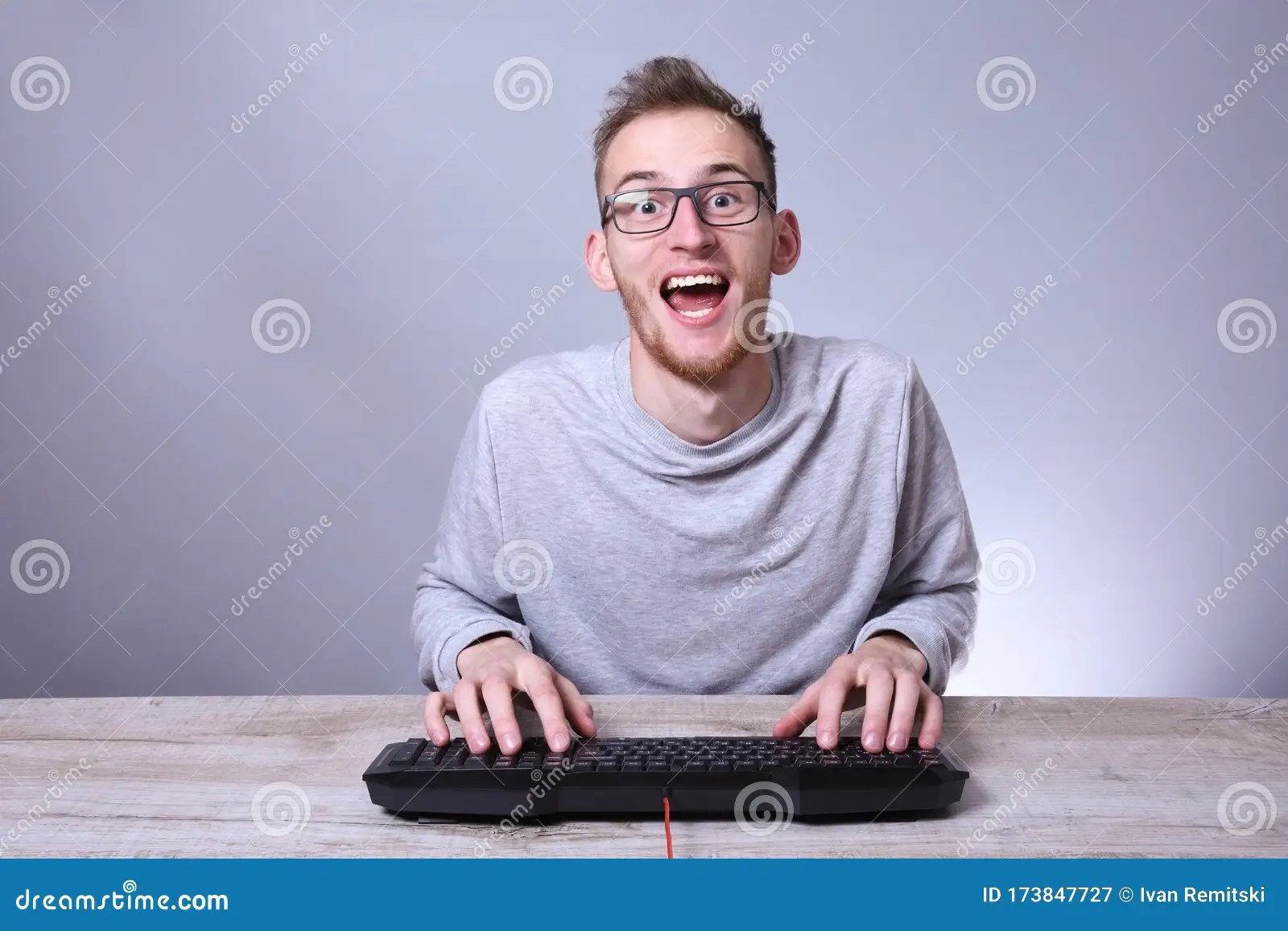 Funny Nerd Young Businessman, Man Working On Computer.Typing On The