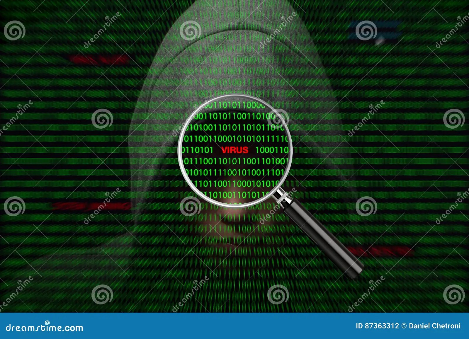 Hacker Over a Screen with Binary Code and Warning Messages Stock Photo