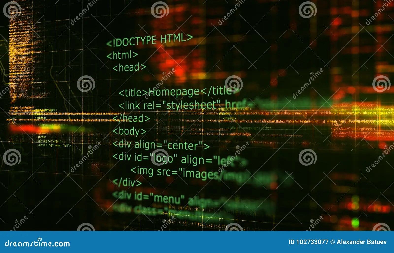 HTML Code Programming Software Background. 3D Render Stock Image