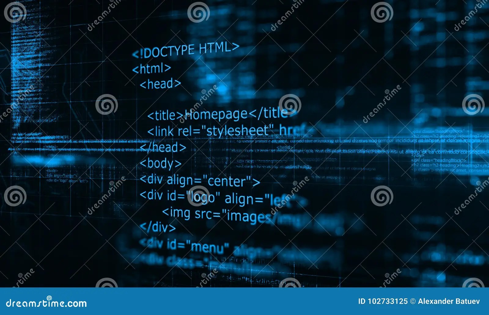 HTML Code Programming Software Background. 3D Render Stock Illustration