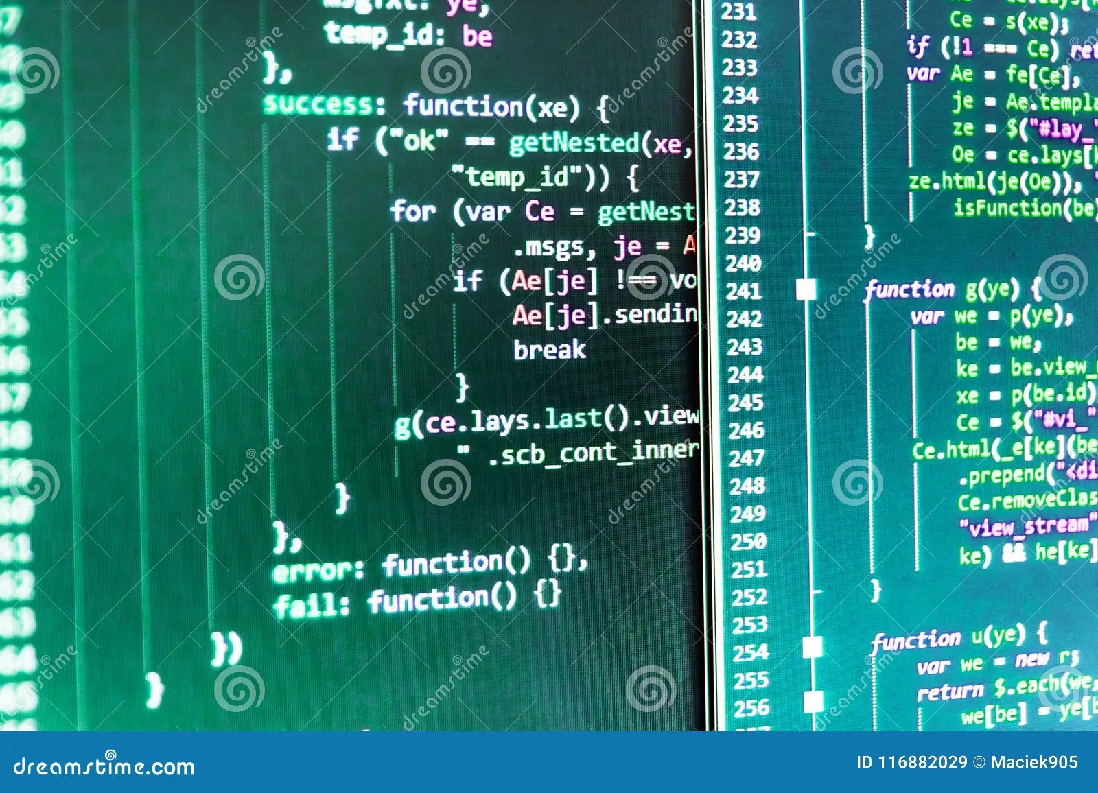 Javascript Code in Bracket Software. Stock Image Image of language