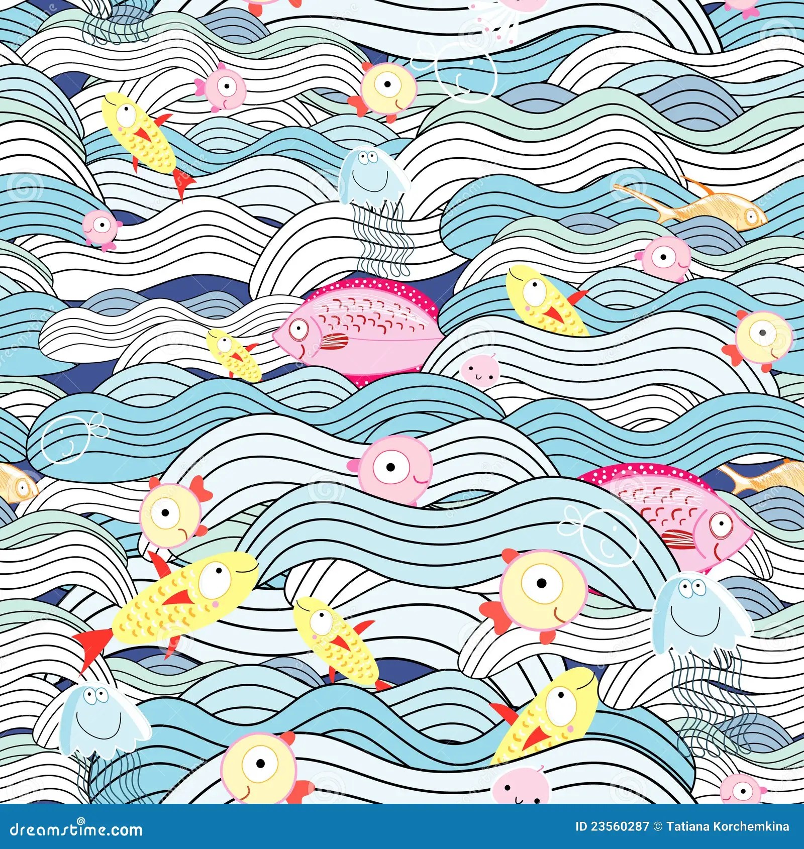 Pattern of waves and fish stock vector. Illustration of drawing 23560287