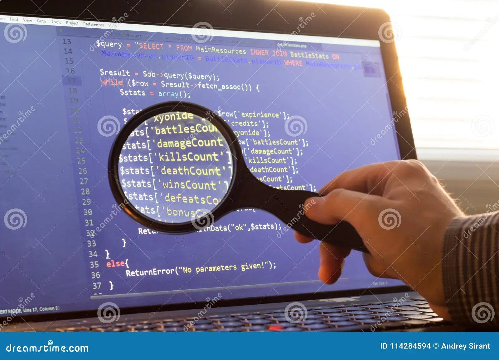 PHP Backend Code Zoomed through a Magnifier. Computer Programming