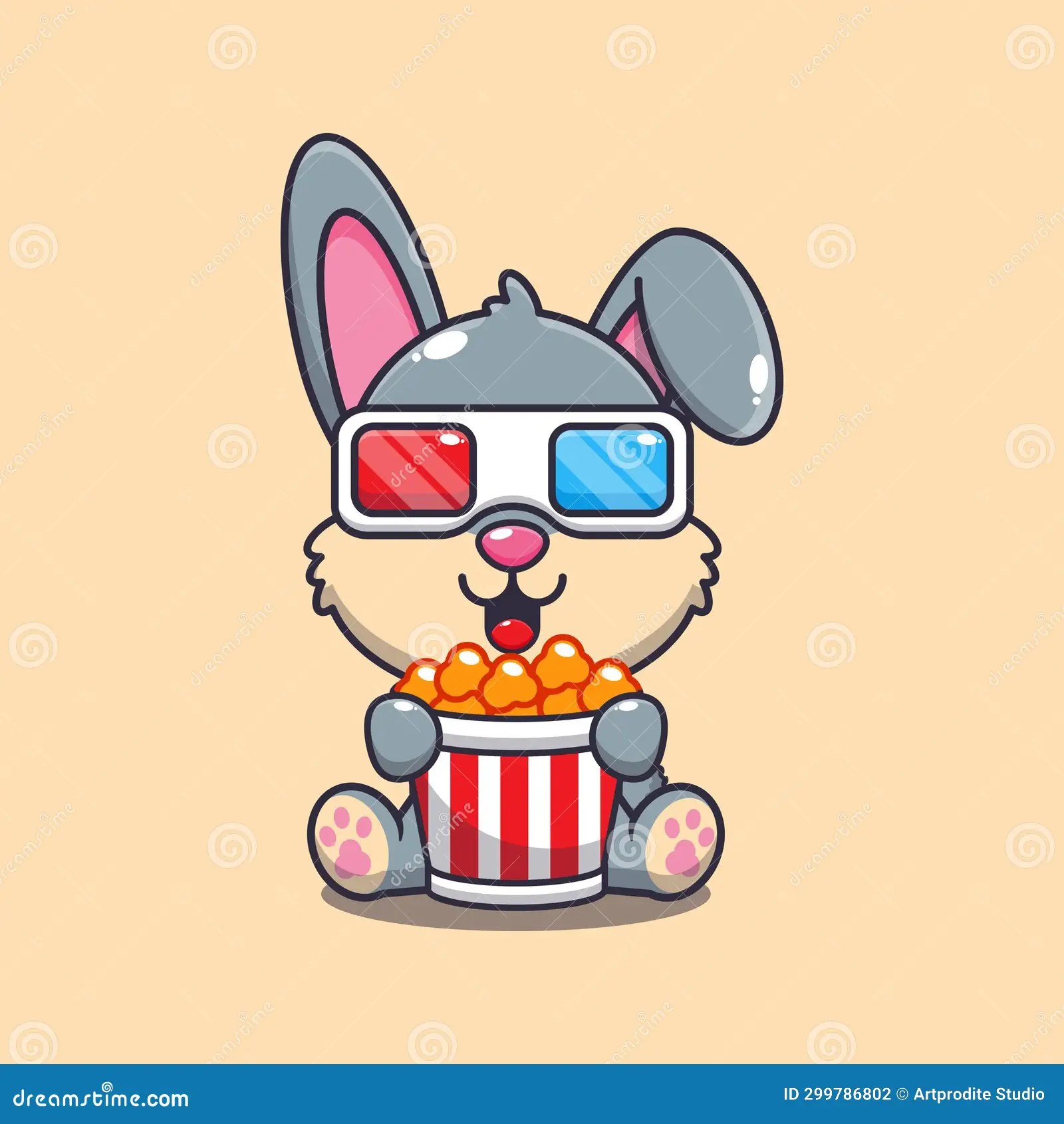 Cute Rabbit Eating Popcorn and Watch 3d Movie Cartoon Vector