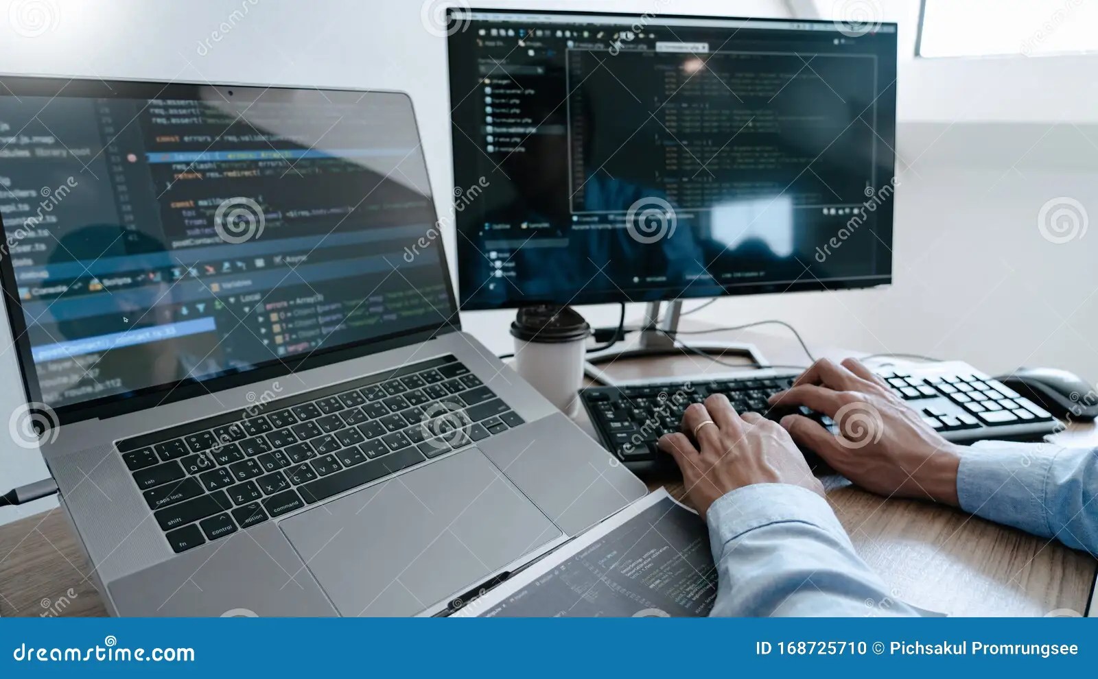 Programmer Typing Code on Desktop Computer, Developing Programming and